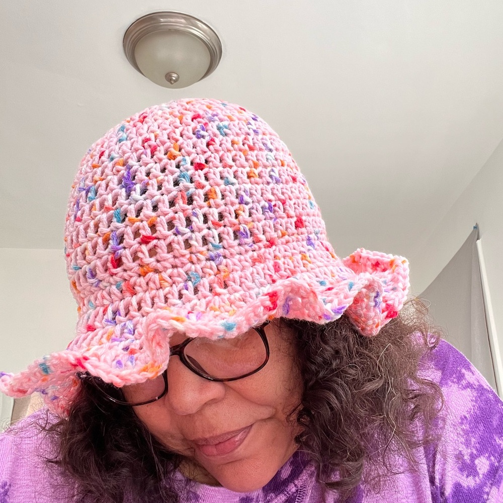 Pink Crocheted Hat with Ruffled Brim